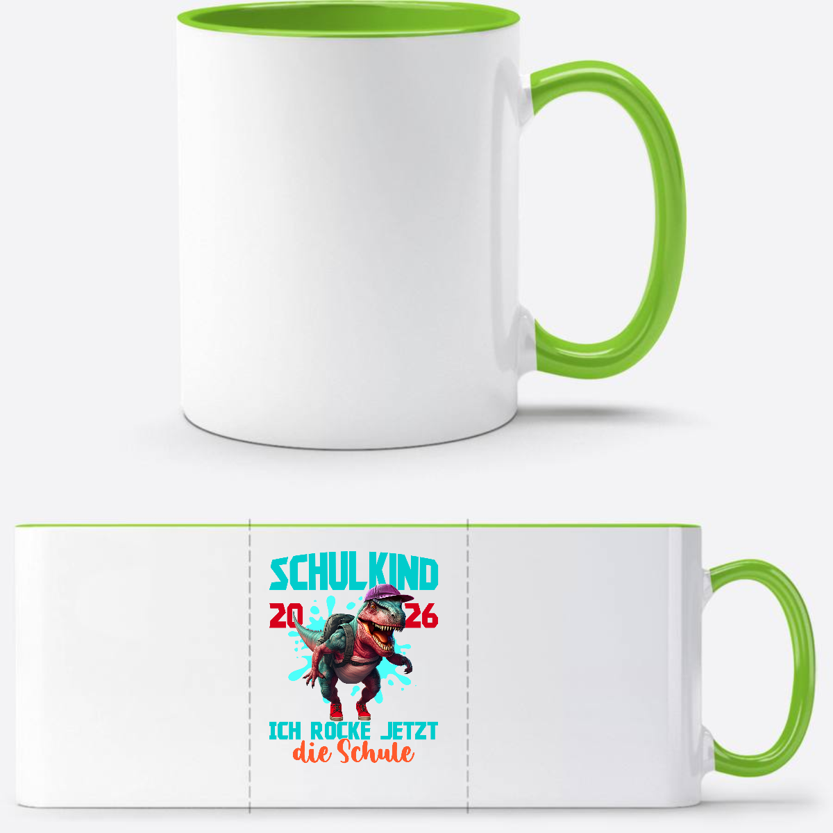 Tasse Schulkind 2026 Dinosaurier T-Rex – Ich rocke die Schule - Weiß/Grün