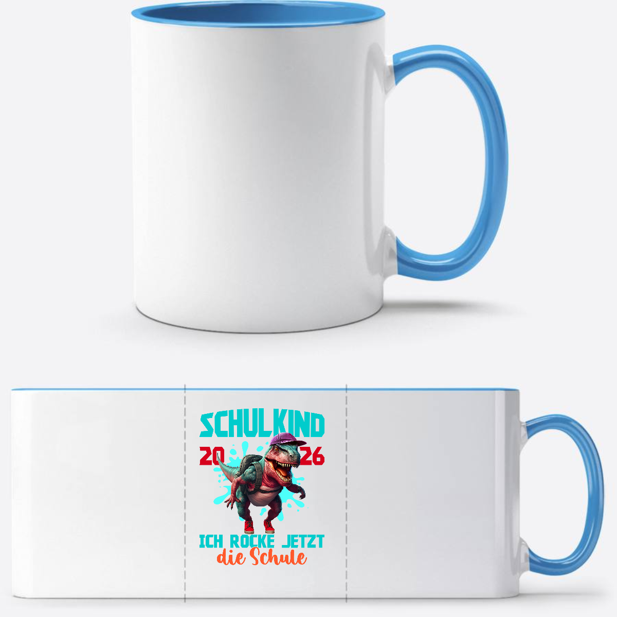 Tasse Schulkind 2026 Dinosaurier T-Rex – Ich rocke die Schule - Weiß/Hellblau