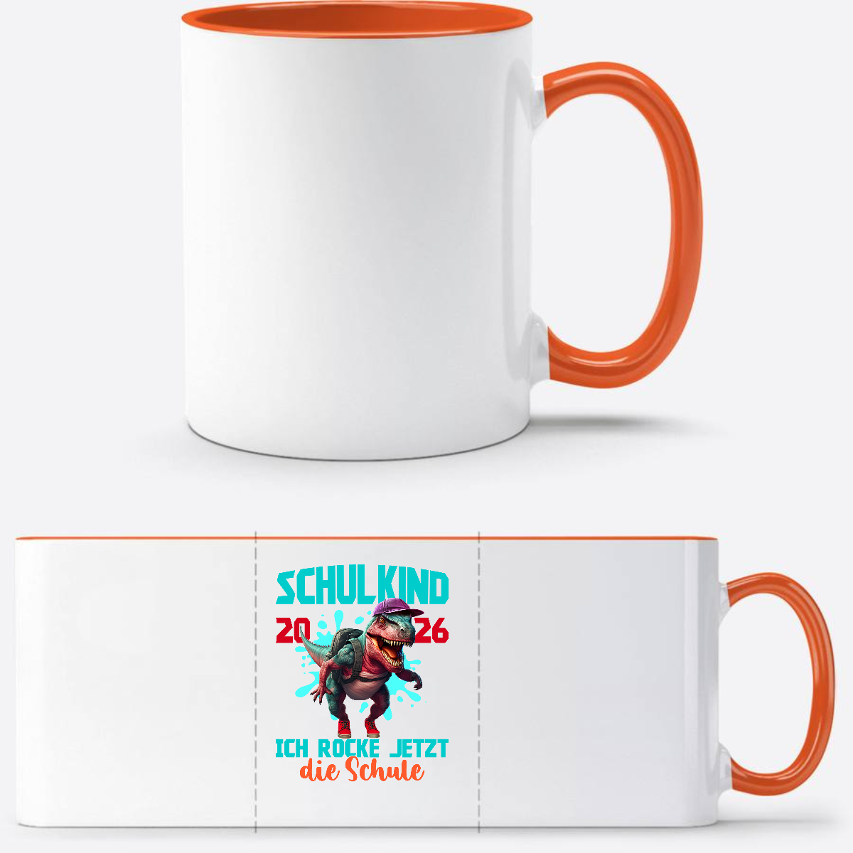 Tasse Schulkind 2026 Dinosaurier T-Rex – Ich rocke die Schule - Weiß/Orange