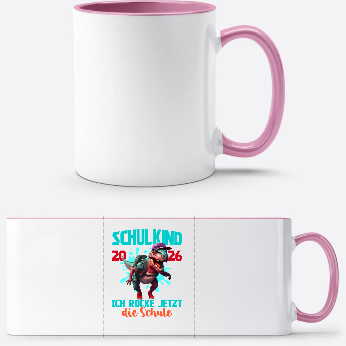 Tasse Schulkind 2026 Dinosaurier T-Rex – Ich rocke die Schule - Weiss/Rosa