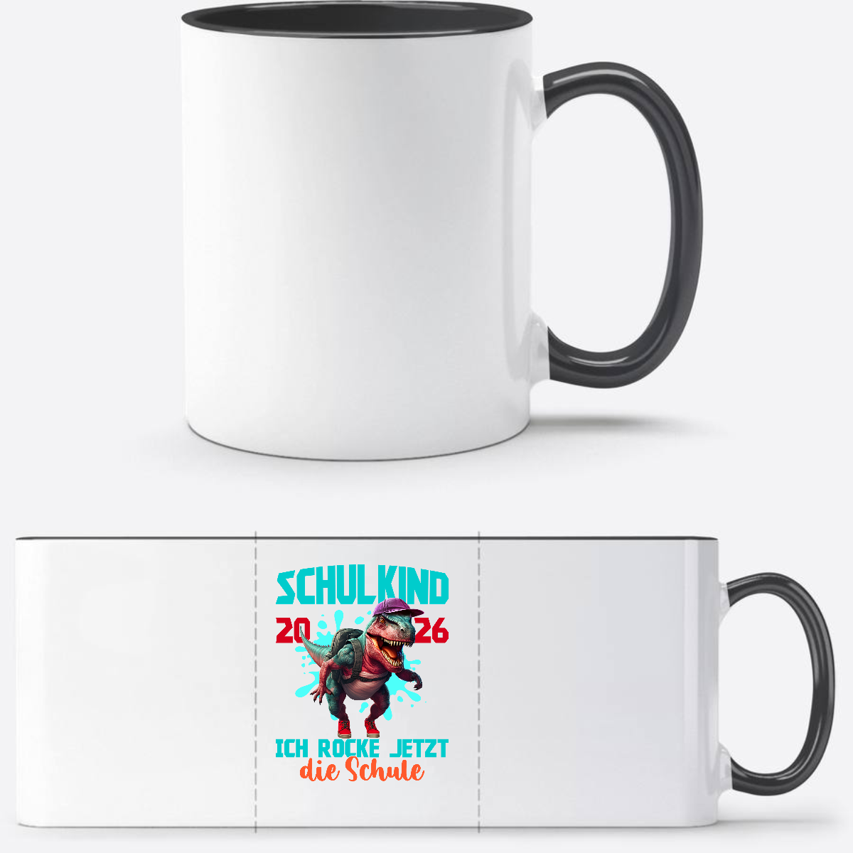 Tasse Schulkind 2026 Dinosaurier T-Rex – Ich rocke die Schule - Weiß/Schwarz