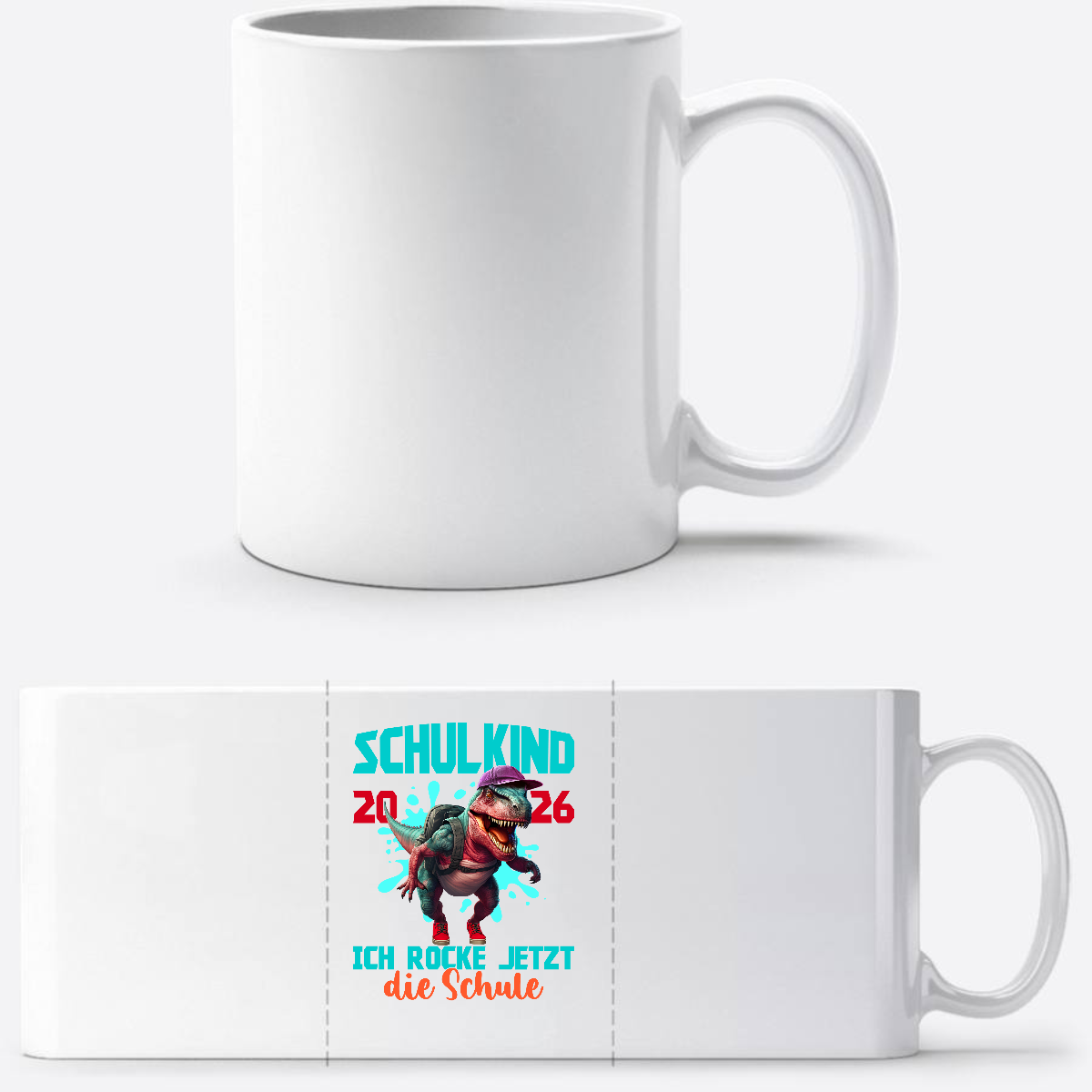 Tasse Schulkind 2026 Dinosaurier T-Rex – Ich rocke die Schule - Weiß