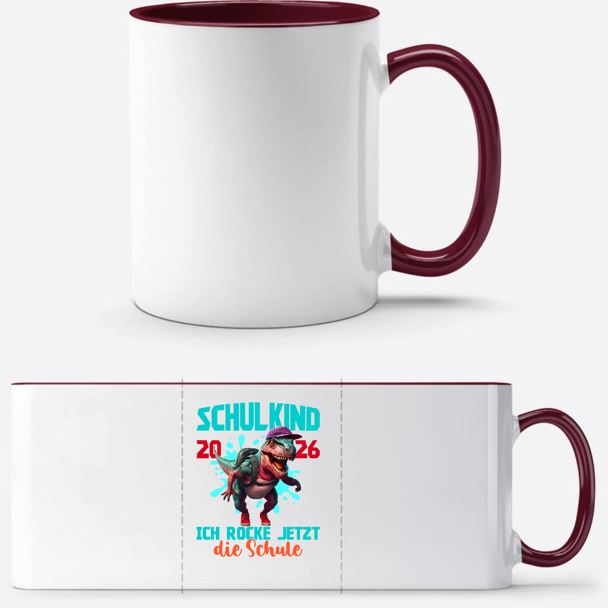 Tasse Schulkind 2026 Dinosaurier T-Rex – Ich rocke die Schule - White/Bordeaux