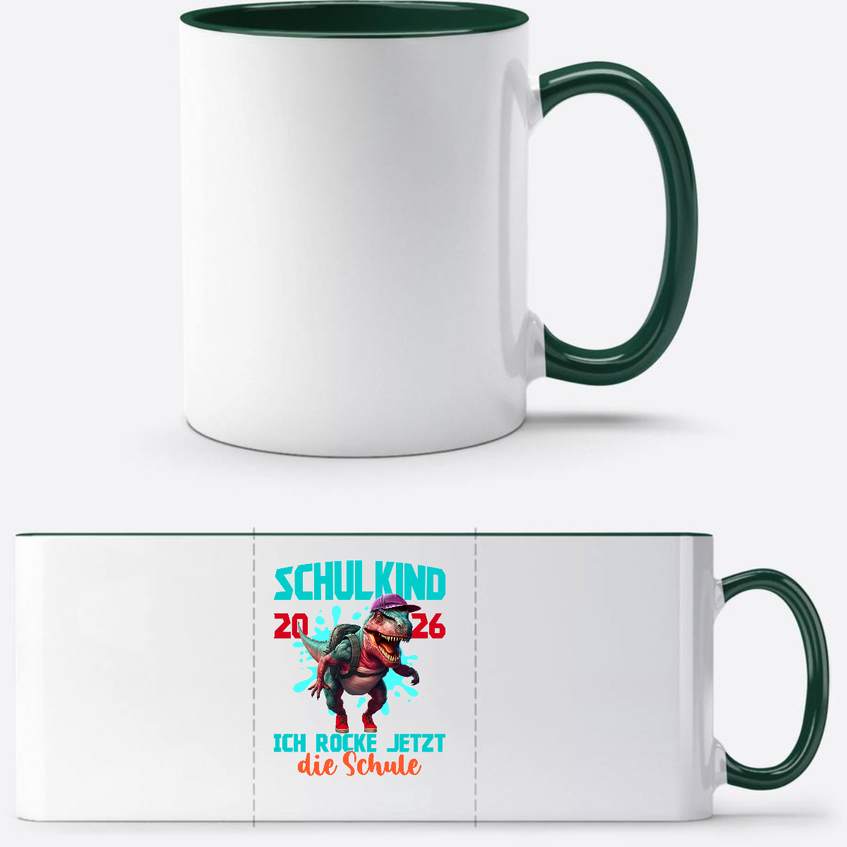Tasse Schulkind 2026 Dinosaurier T-Rex – Ich rocke die Schule - White/Petrol