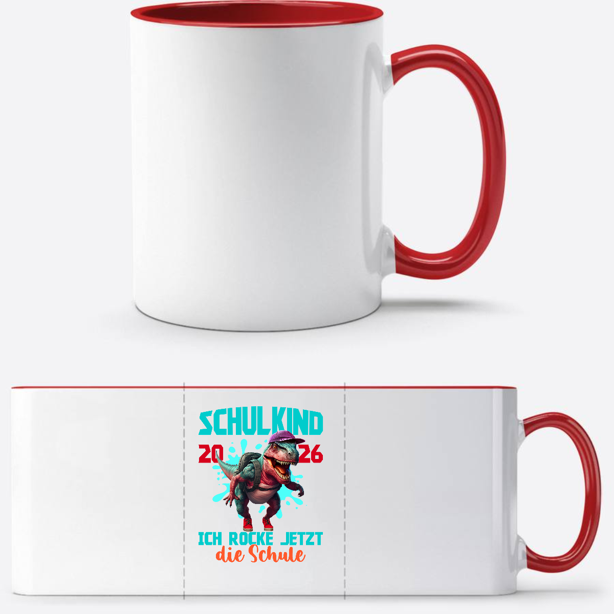 Tasse Schulkind 2026 Dinosaurier T-Rex – Ich rocke die Schule - White/Red