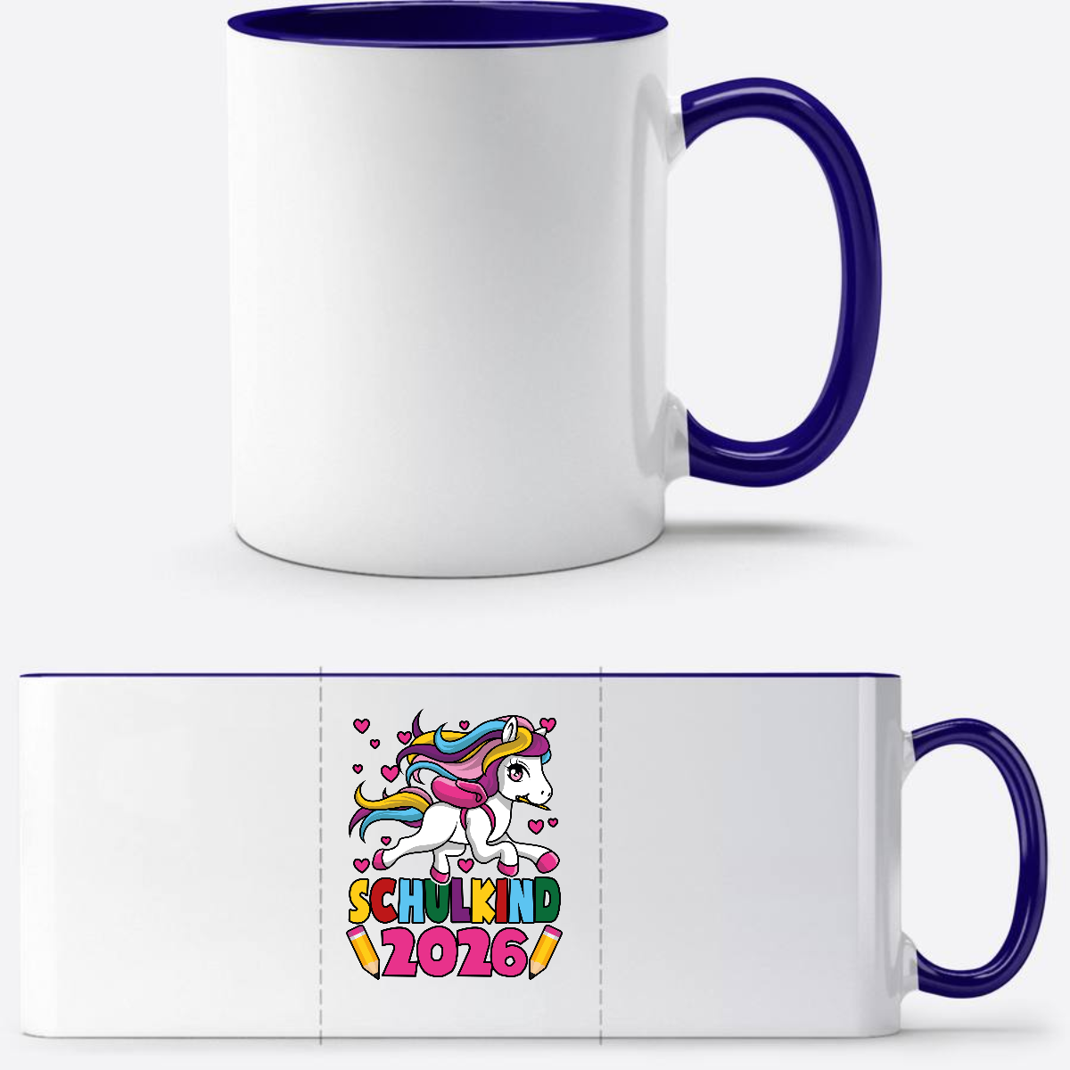 Tasse Schulkind 2026 Einhorn mit Namen | Geschenk Einschulung - Weiß/Dunkelblau