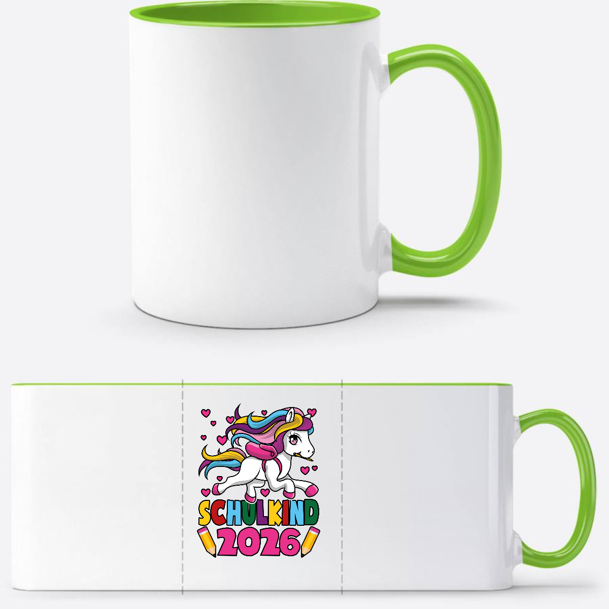 Tasse Schulkind 2026 Einhorn mit Namen | Geschenk Einschulung - Weiß/Grün