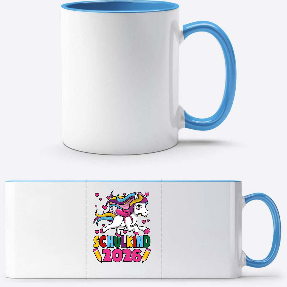 Tasse Schulkind 2026 Einhorn mit Namen | Geschenk Einschulung - Weiß/Hellblau