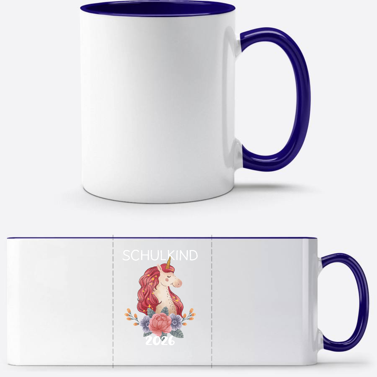 Tasse Schulkind 2026 Einhorn – Personalisiert mit Namen - Weiß/Dunkelblau