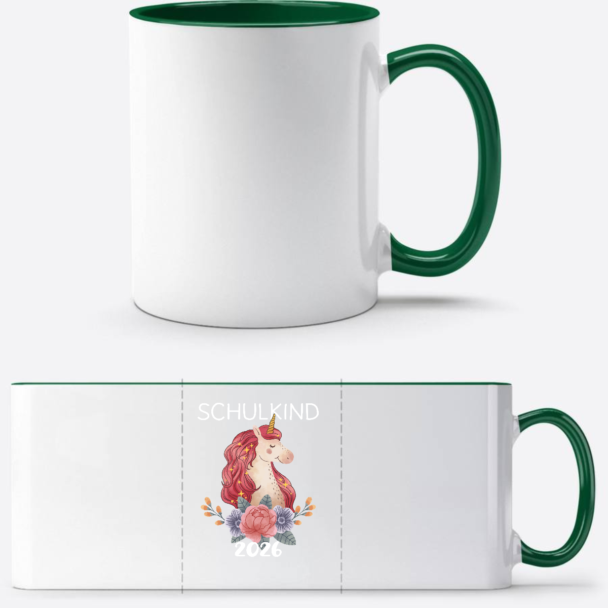 Tasse Schulkind 2026 Einhorn – Personalisiert mit Namen - Weiß/Dunkelgrün