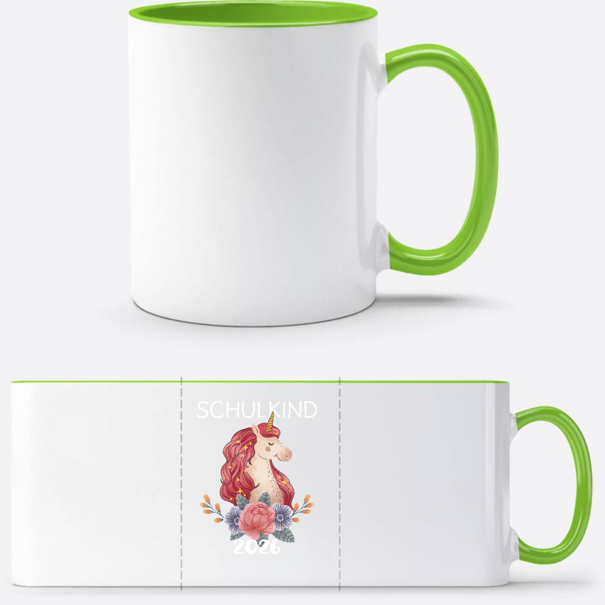 Tasse Schulkind 2026 Einhorn – Personalisiert mit Namen - Weiß/Grün