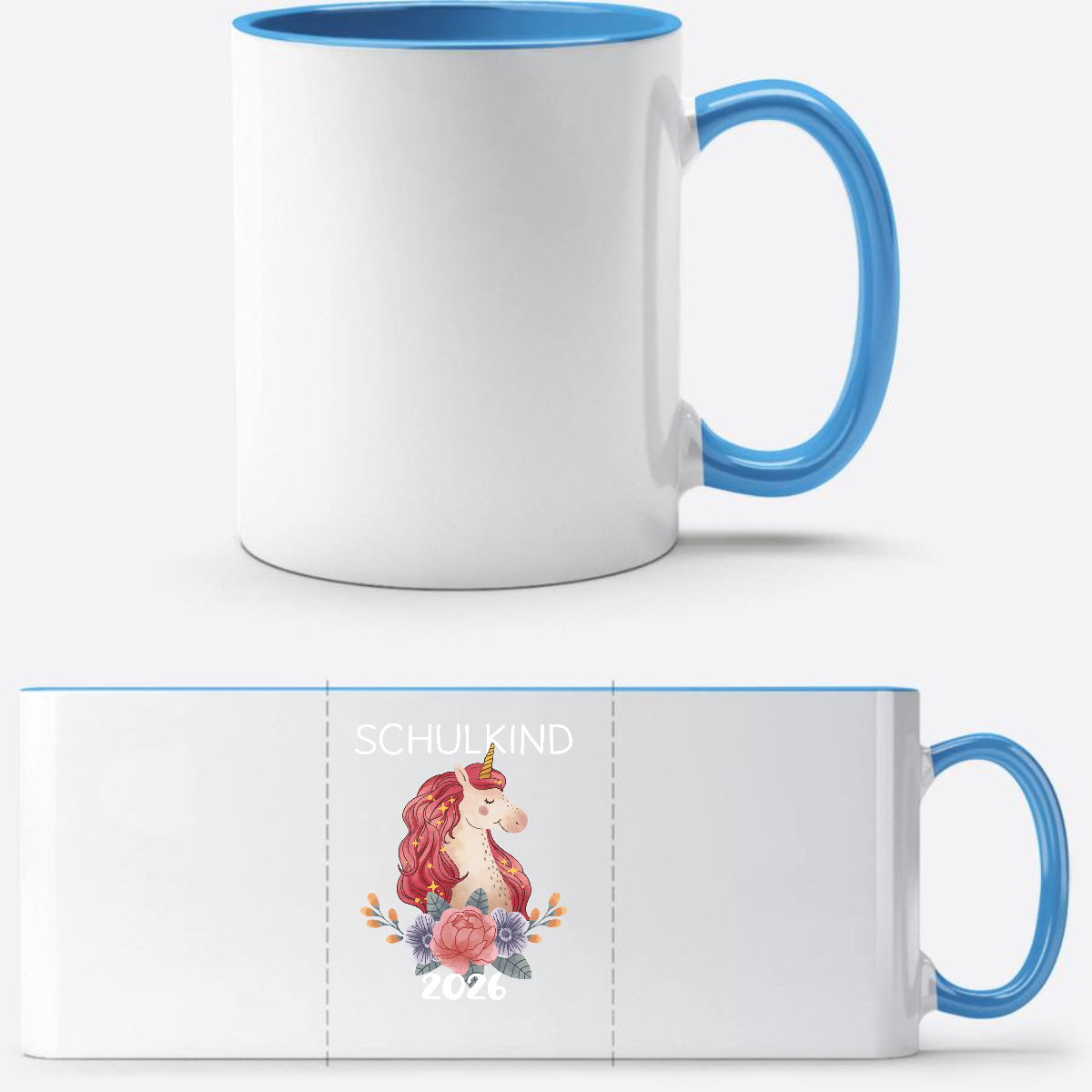 Tasse Schulkind 2026 Einhorn – Personalisiert mit Namen - Weiß/Hellblau