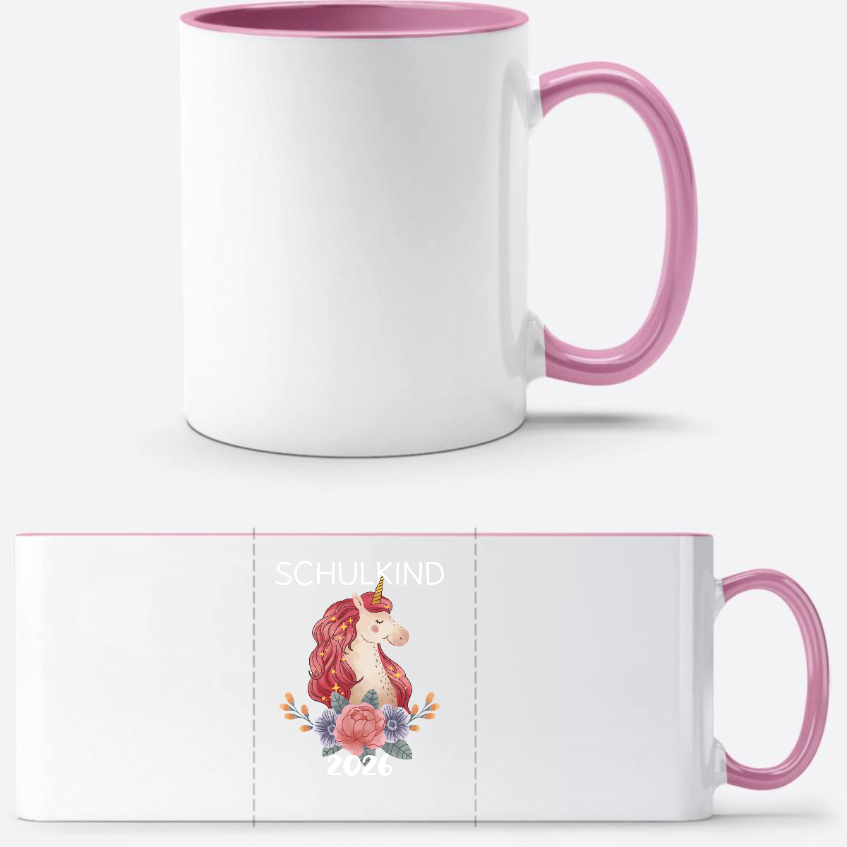 Tasse Schulkind 2026 Einhorn – Personalisiert mit Namen - Weiss/Rosa