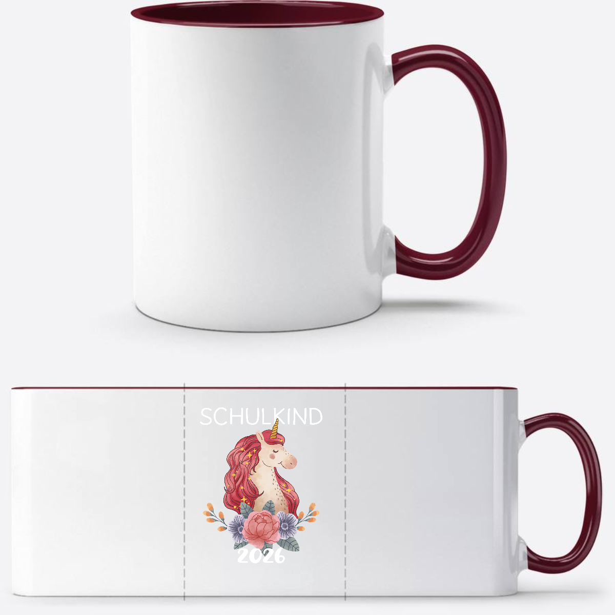 Tasse Schulkind 2026 Einhorn – Personalisiert mit Namen - White/Bordeaux