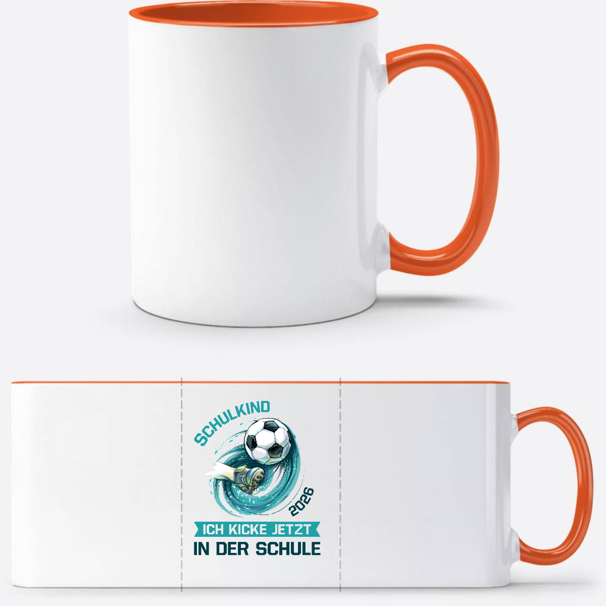 Tasse Schulkind 2026: Fußball – Ich kicke jetzt in der Schule - Weiß/Orange