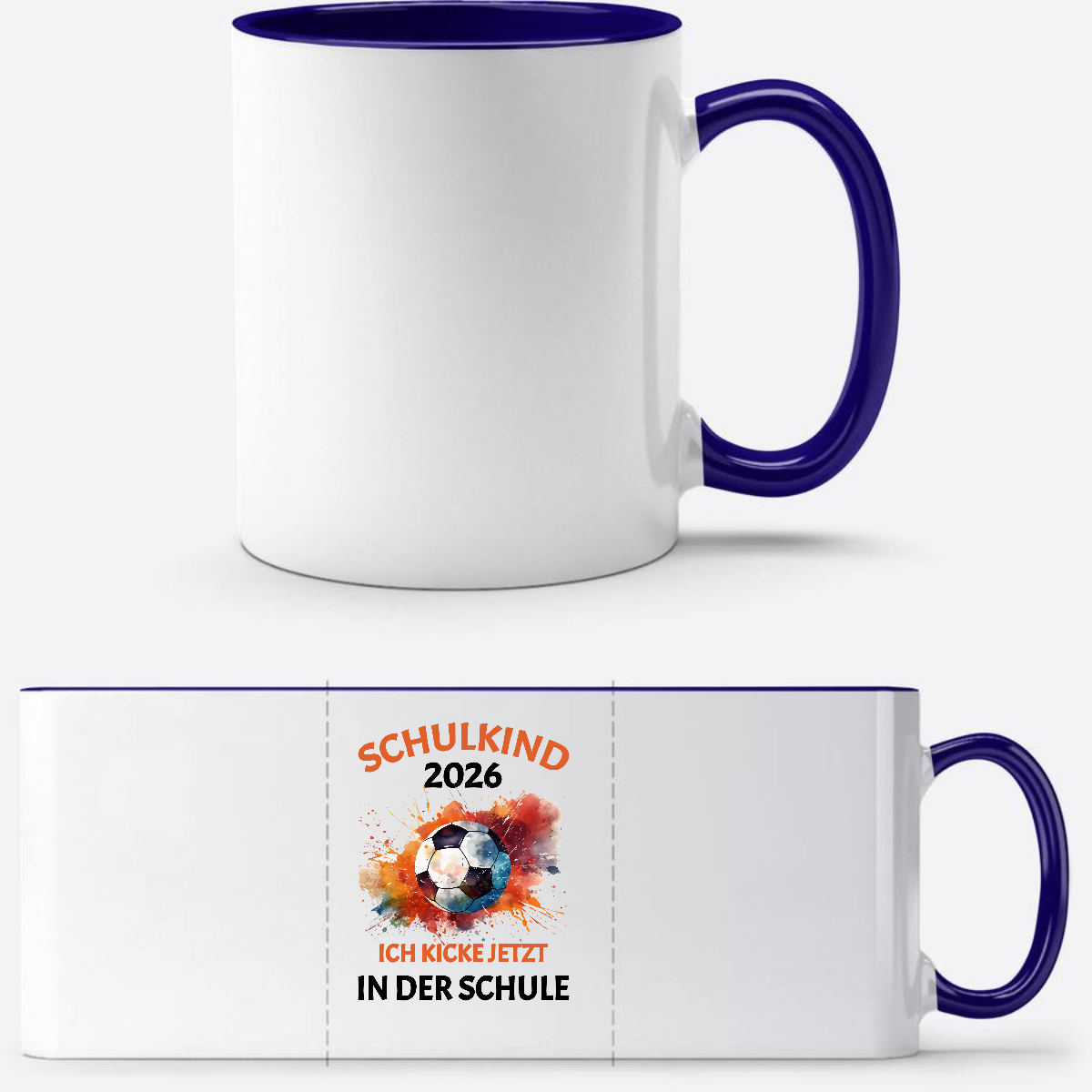 Tasse Schulkind 2026 Fußball – Ich kicke jetzt in der Schule - Weiß/Dunkelblau