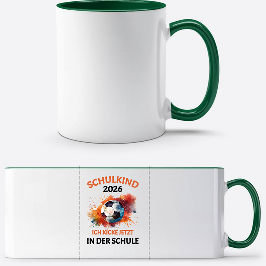 Tasse Schulkind 2026 Fußball – Ich kicke jetzt in der Schule - Weiß/Dunkelgrün