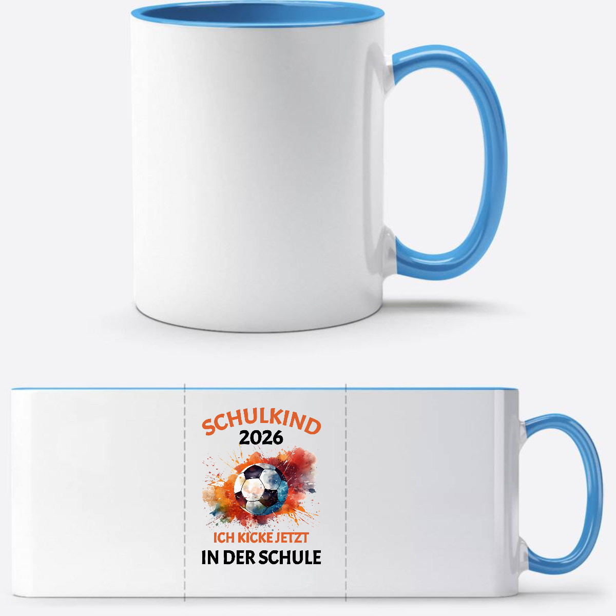 Tasse Schulkind 2026 Fußball – Ich kicke jetzt in der Schule - Weiß/Hellblau