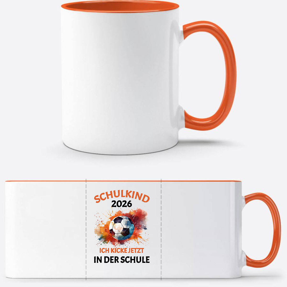 Tasse Schulkind 2026 Fußball – Ich kicke jetzt in der Schule - Weiß/Orange