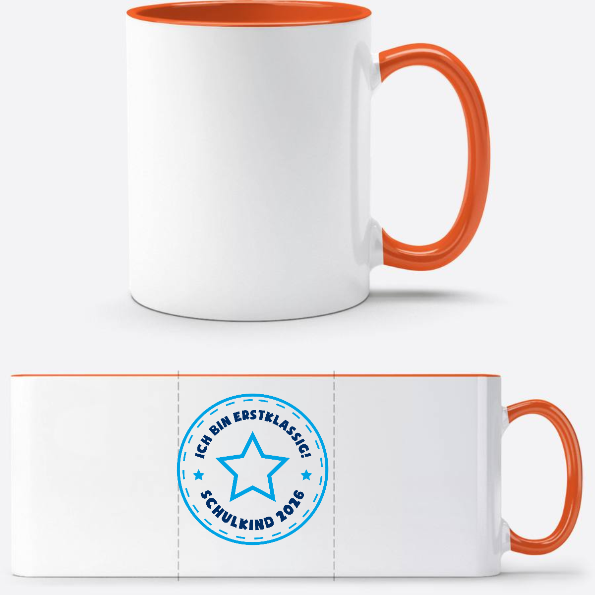 Tasse Schulkind 2026: Ich bin erstklassig – Stern Blau - Weiß/Orange