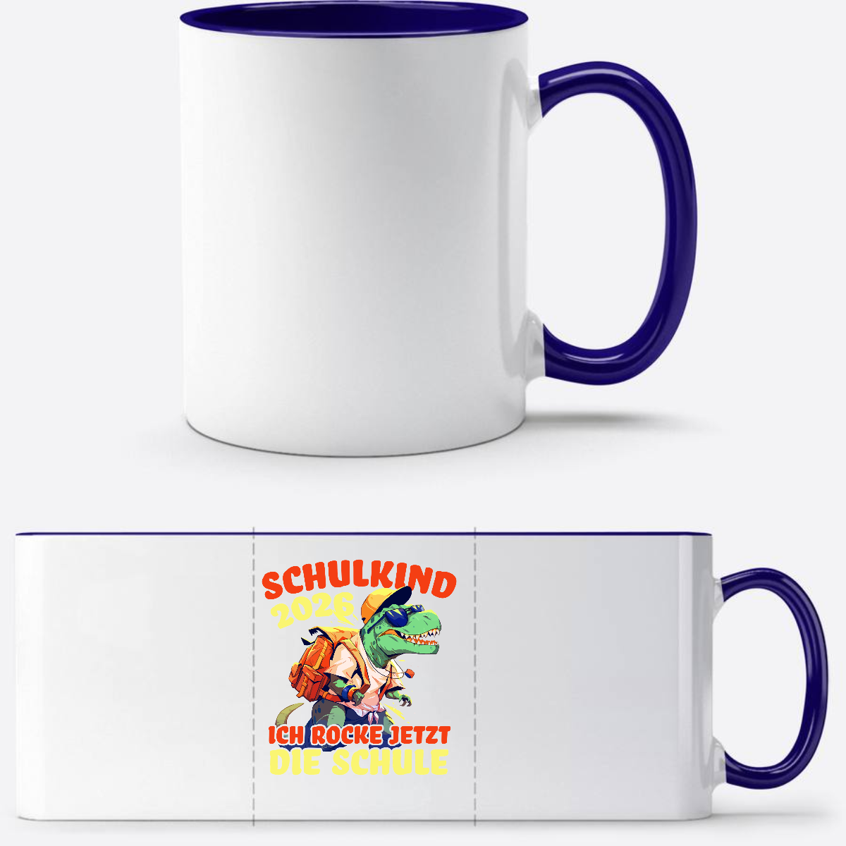 Tasse Schulkind 2026 – Ich rocke die Schule T-Rex Dinosaurier - Weiß/Dunkelblau