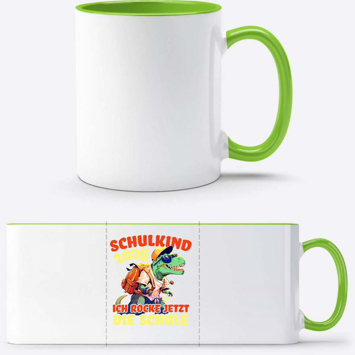 Tasse Schulkind 2026 – Ich rocke die Schule T-Rex Dinosaurier - Weiß/Grün