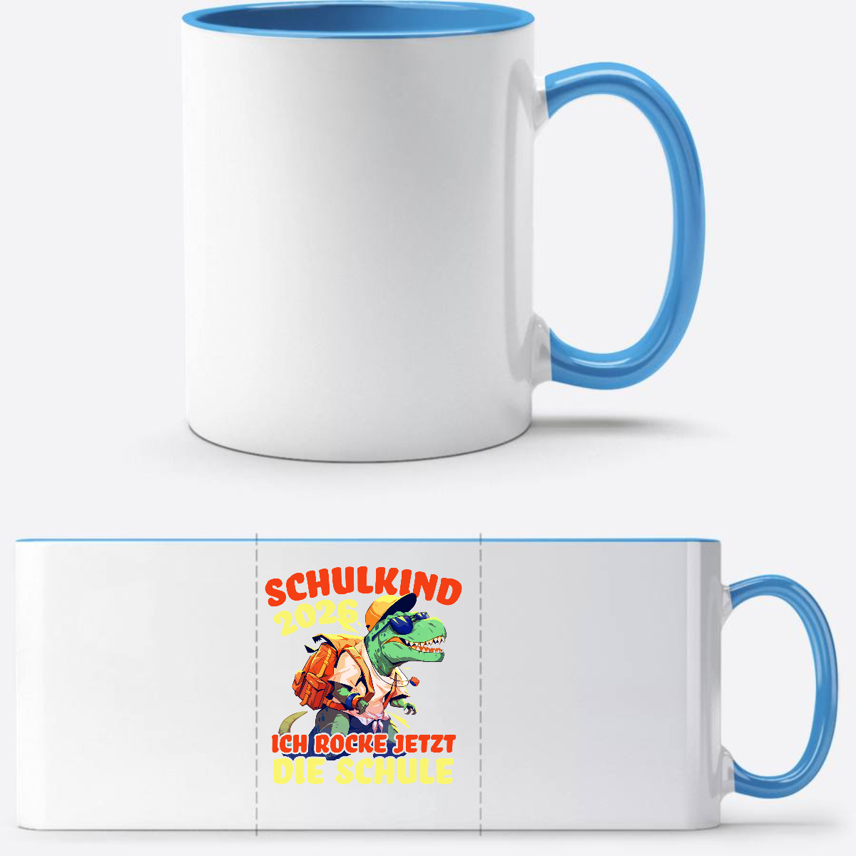 Tasse Schulkind 2026 – Ich rocke die Schule T-Rex Dinosaurier - Weiß/Hellblau