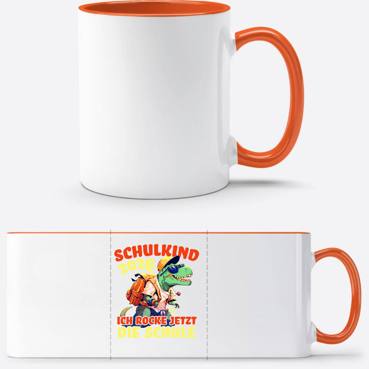 Tasse Schulkind 2026 – Ich rocke die Schule T-Rex Dinosaurier - Weiß/Orange