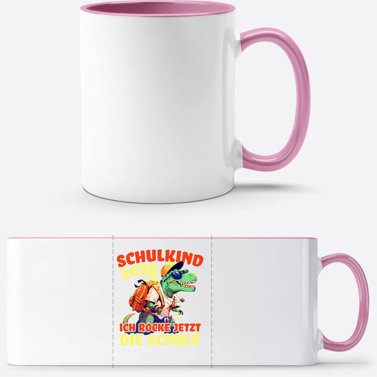 Tasse Schulkind 2026 – Ich rocke die Schule T-Rex Dinosaurier - Weiss/Rosa