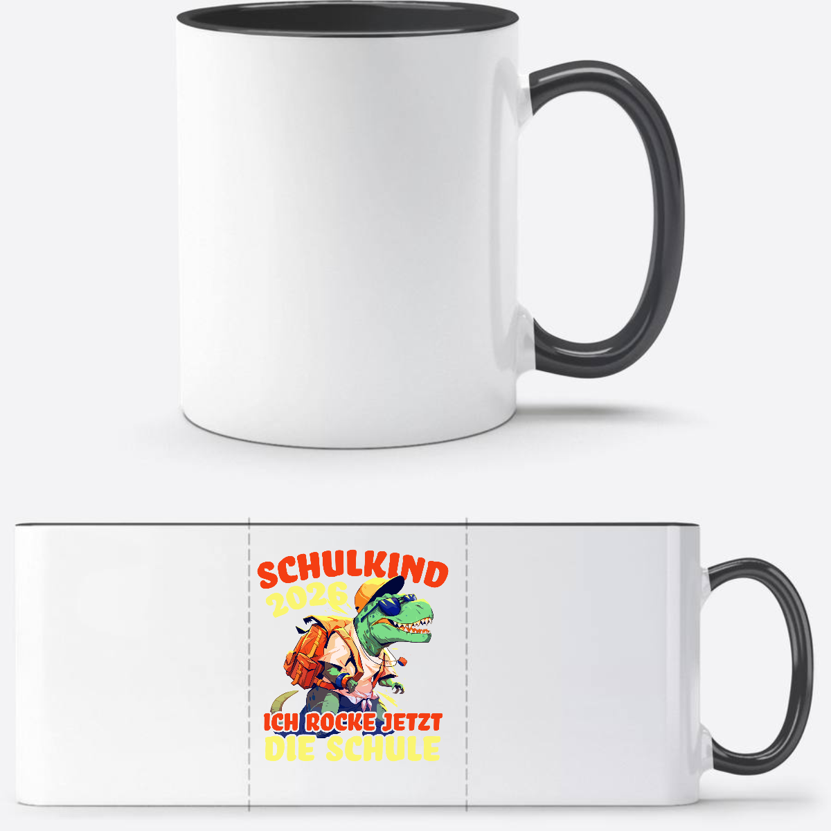 Tasse Schulkind 2026 – Ich rocke die Schule T-Rex Dinosaurier - Weiß/Schwarz