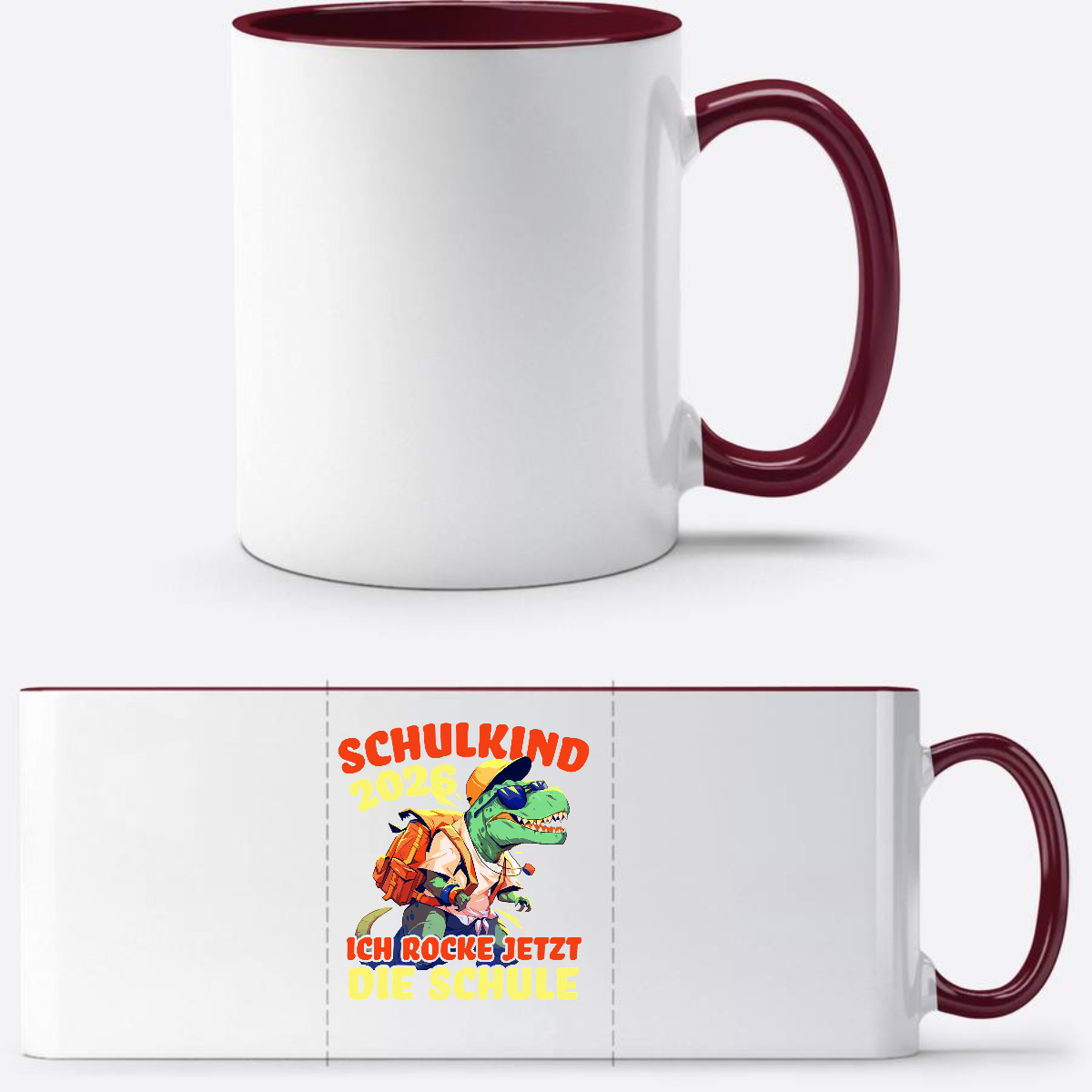 Tasse Schulkind 2026 – Ich rocke die Schule T-Rex Dinosaurier - White/Bordeaux