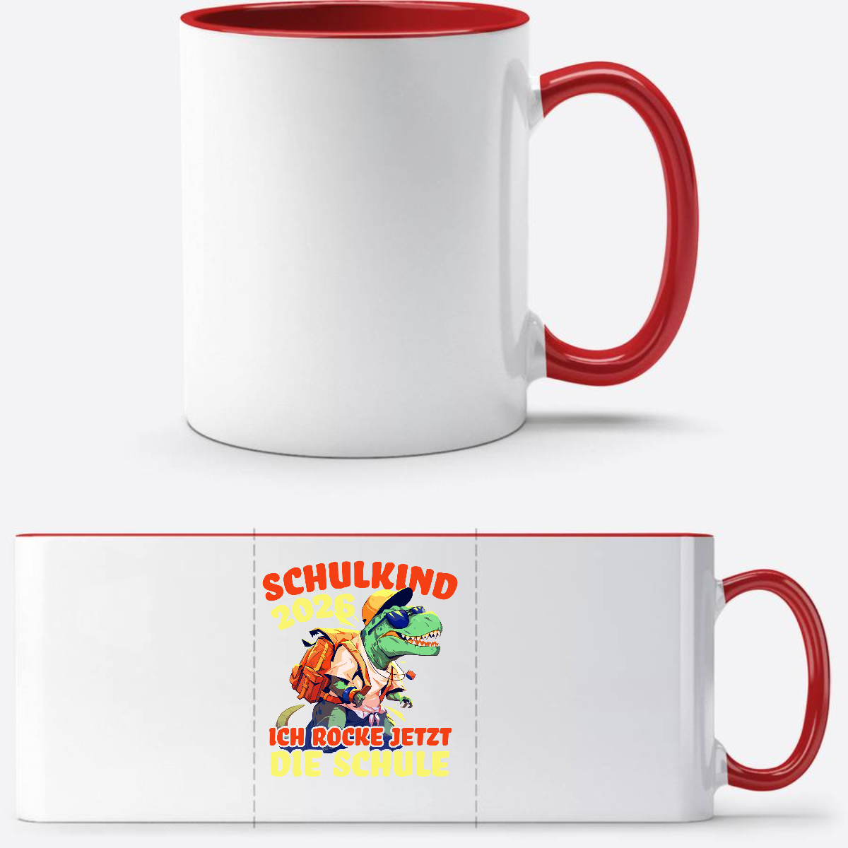 Tasse Schulkind 2026 – Ich rocke die Schule T-Rex Dinosaurier - White/Red