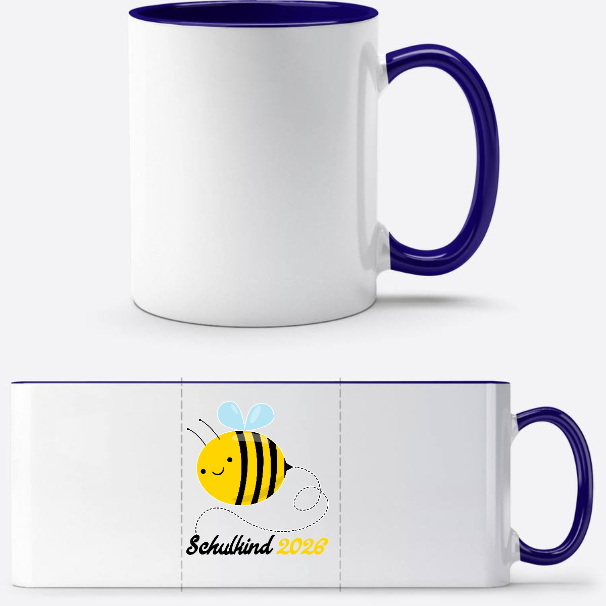 Tasse Schulkind 2026 mit Biene – Geschenk zur Einschulung - Weiß/Dunkelblau
