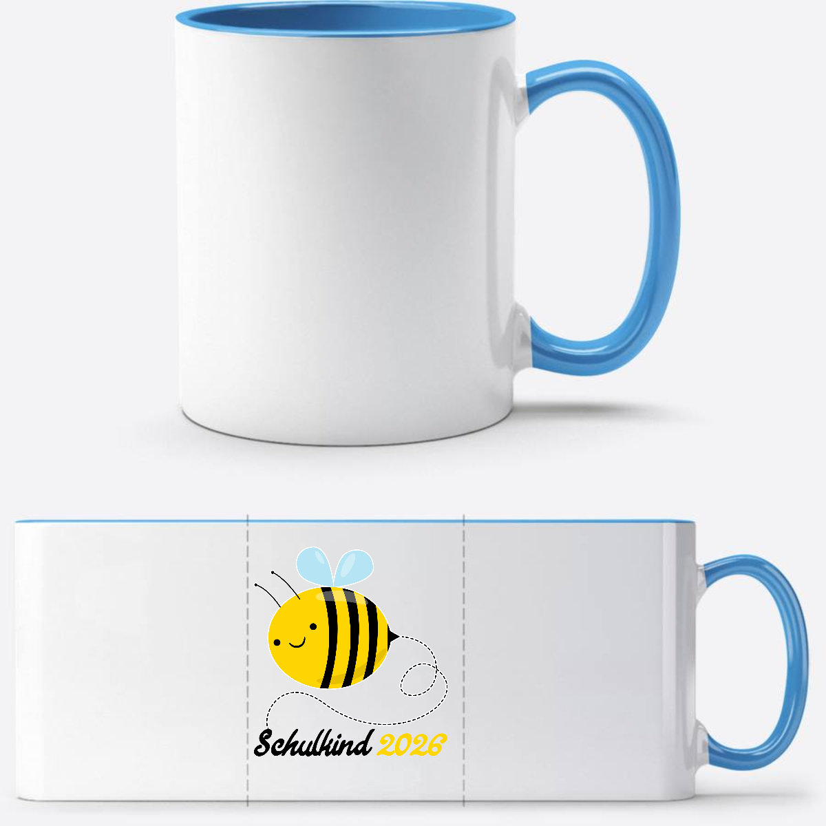 Tasse Schulkind 2026 mit Biene – Geschenk zur Einschulung - Weiß/Hellblau