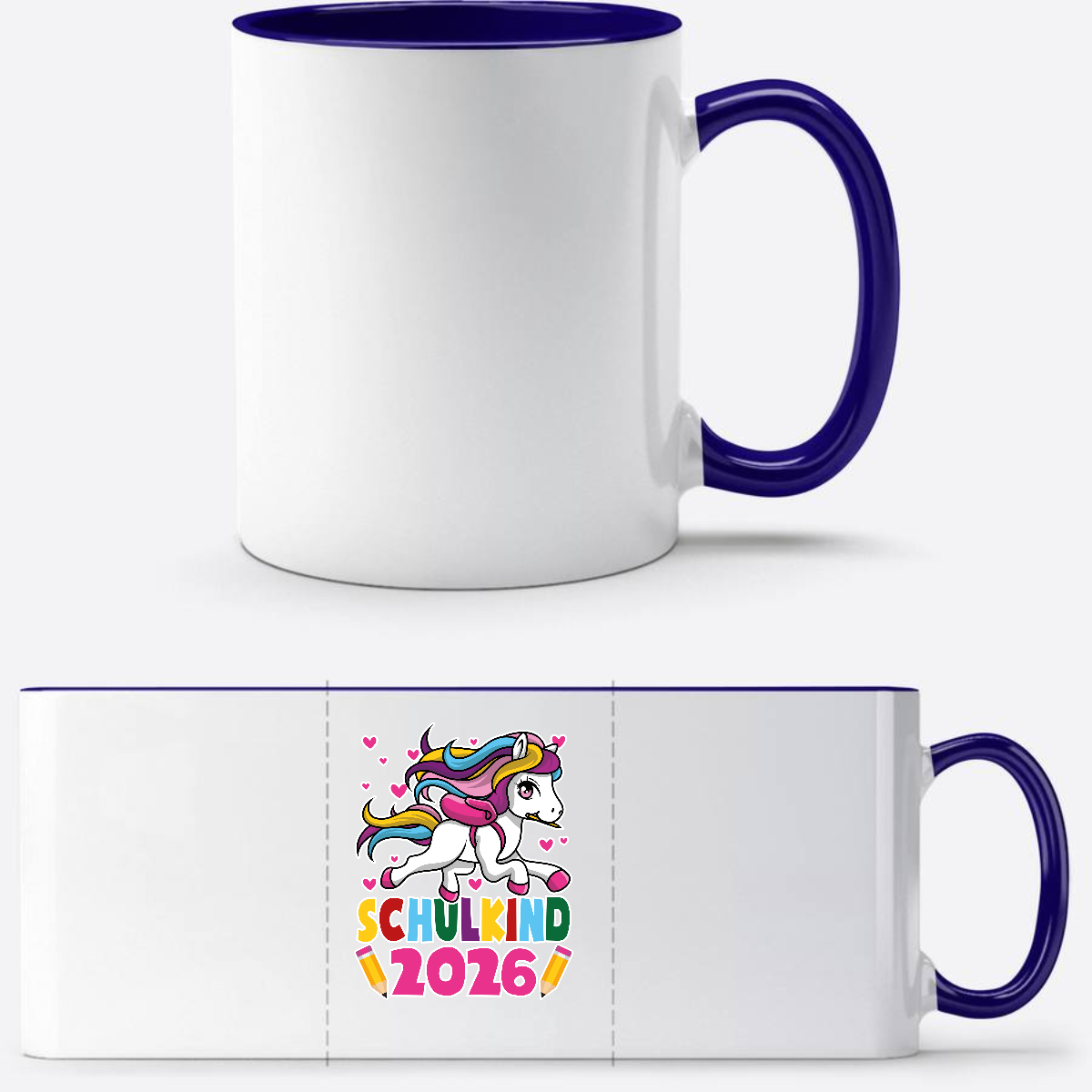 Tasse Schulkind 2026 mit Einhorn – Personalisiert mit Name - Weiß/Dunkelblau