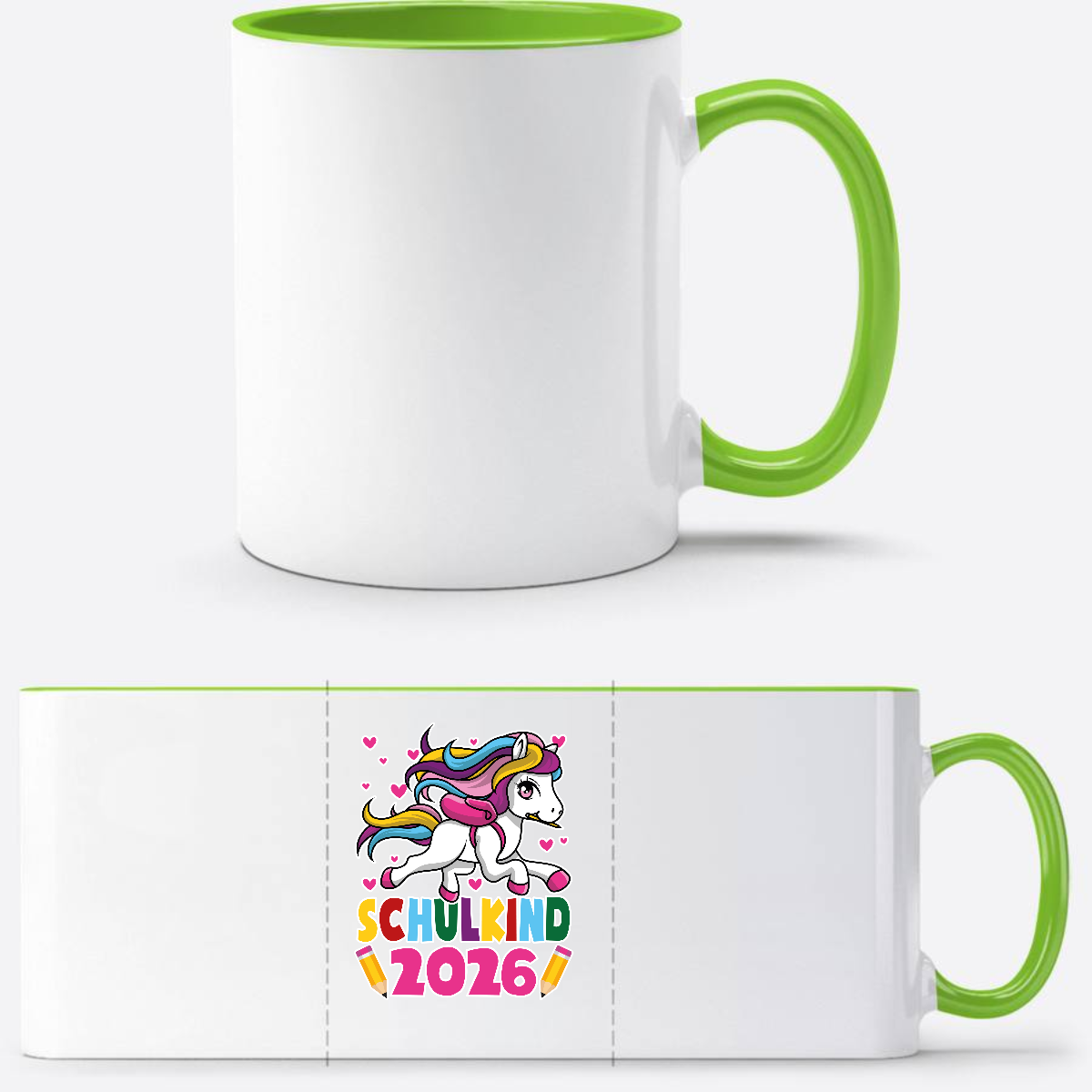 Tasse Schulkind 2026 mit Einhorn – Personalisiert mit Name - Weiß/Grün