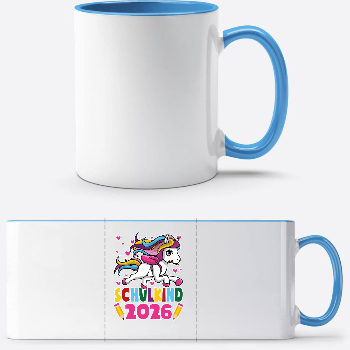 Tasse Schulkind 2026 mit Einhorn – Personalisiert mit Name - Weiß/Hellblau