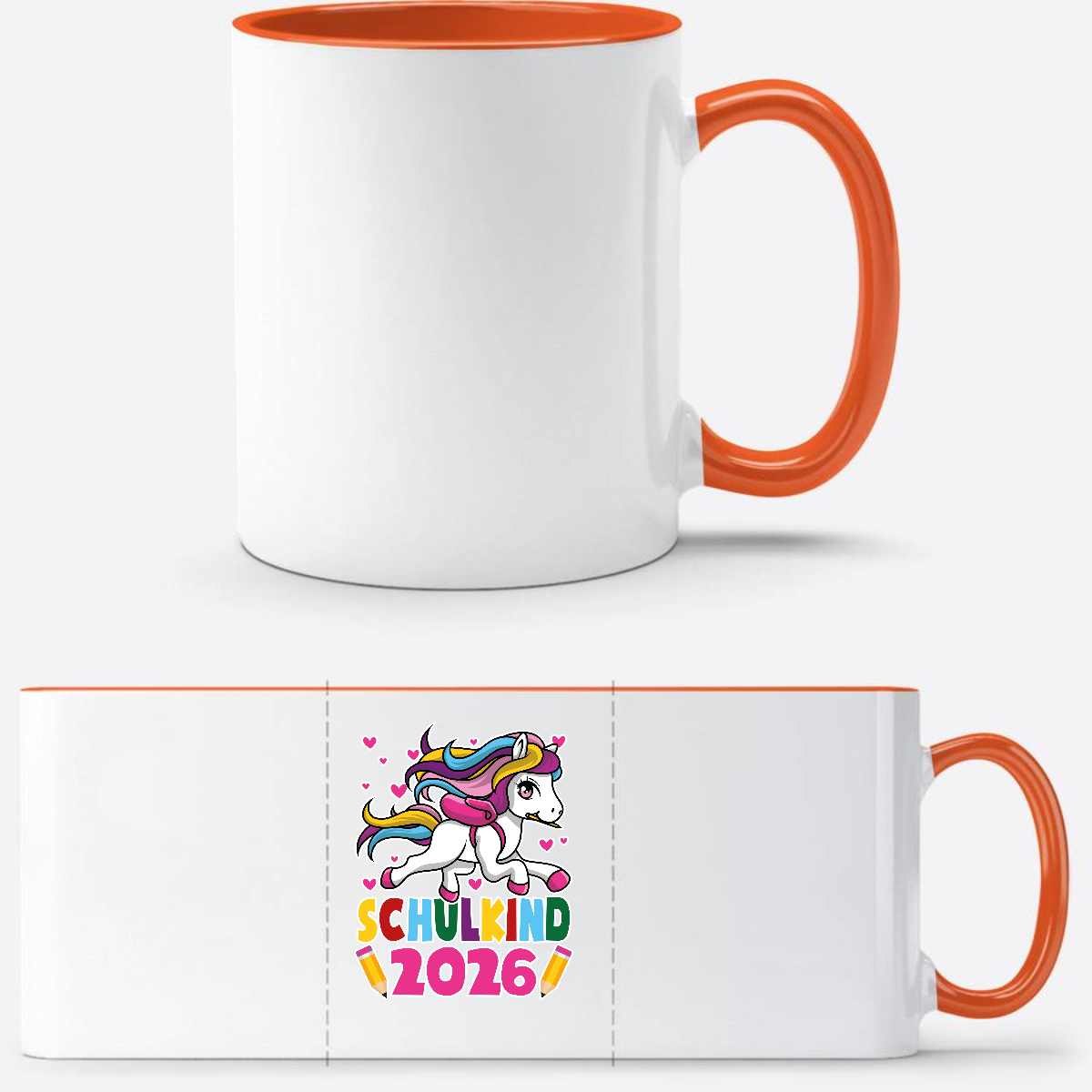 Tasse Schulkind 2026 mit Einhorn – Personalisiert mit Name - Weiß/Orange