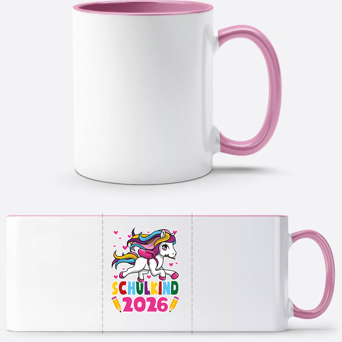 Tasse Schulkind 2026 mit Einhorn – Personalisiert mit Name - Weiss/Rosa