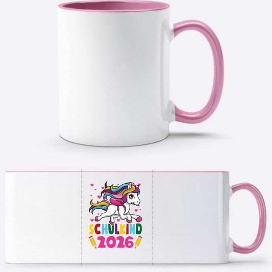 Tasse Schulkind 2026 mit Einhorn – Personalisiert mit Name - Weiss/Rosa