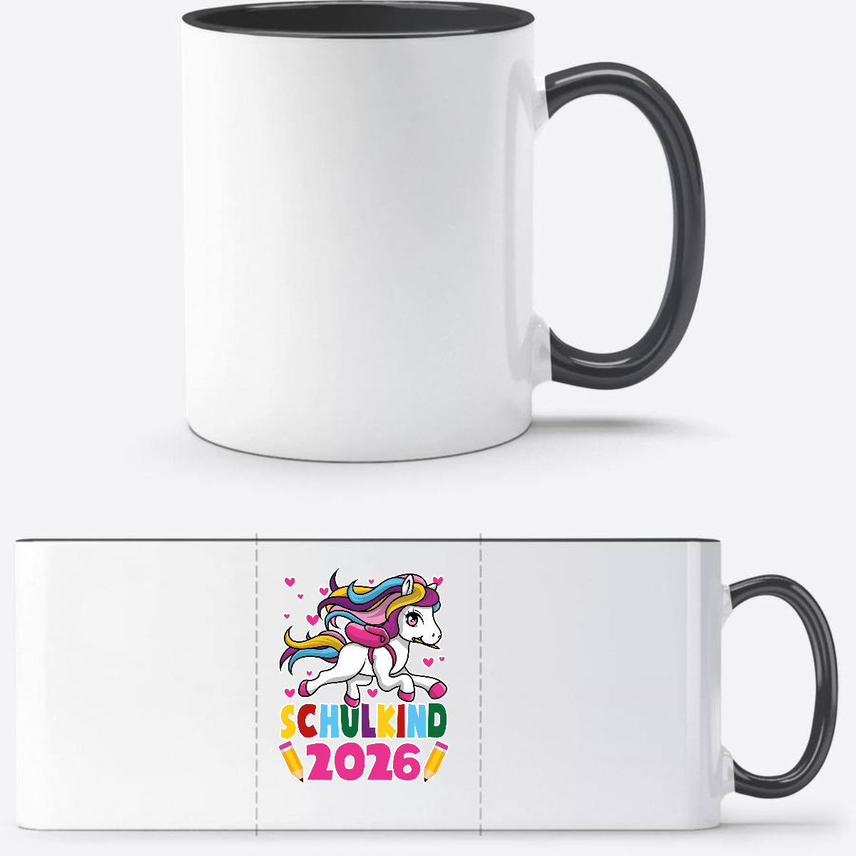 Tasse Schulkind 2026 mit Einhorn – Personalisiert mit Name - Weiß/Schwarz