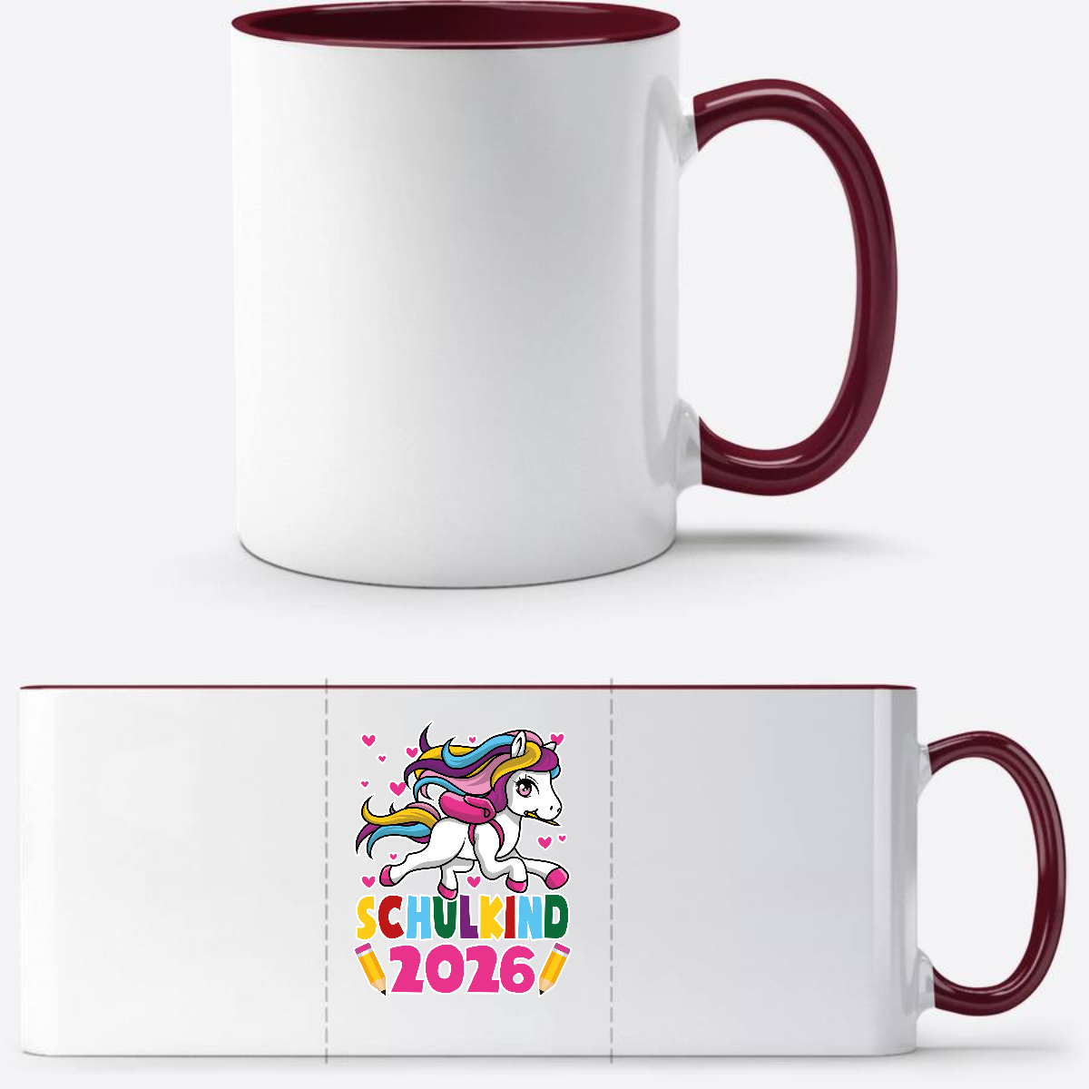 Tasse Schulkind 2026 mit Einhorn – Personalisiert mit Name - White/Bordeaux