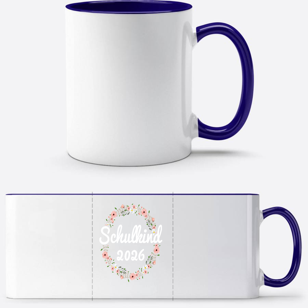 Tasse Schulkind 2026 mit Name – Geschenk zur Einschulung - Weiß/Dunkelblau