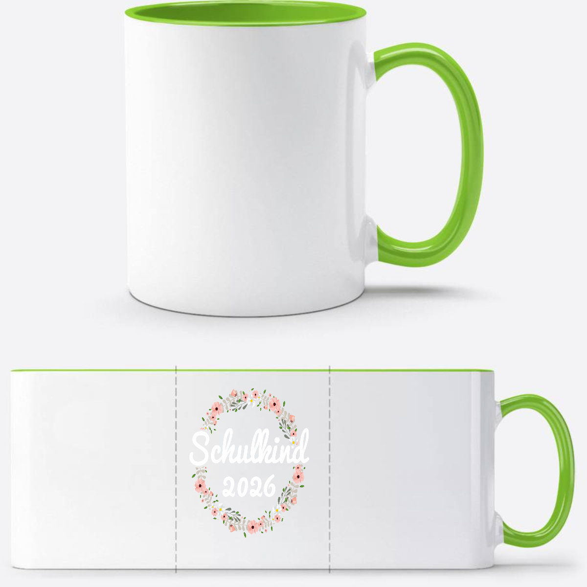 Tasse Schulkind 2026 mit Name – Geschenk zur Einschulung - Weiß/Grün