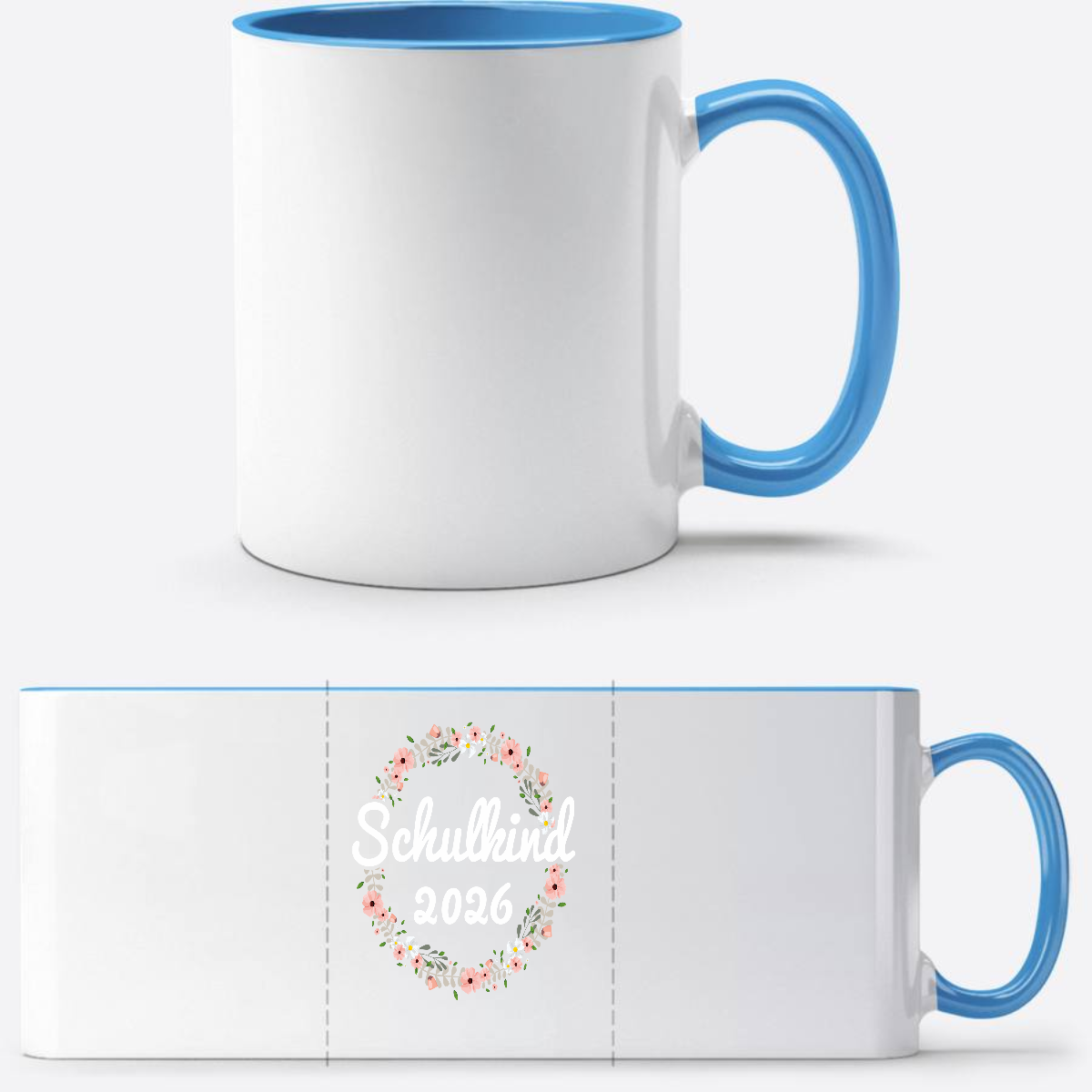 Tasse Schulkind 2026 mit Name – Geschenk zur Einschulung - Weiß/Hellblau