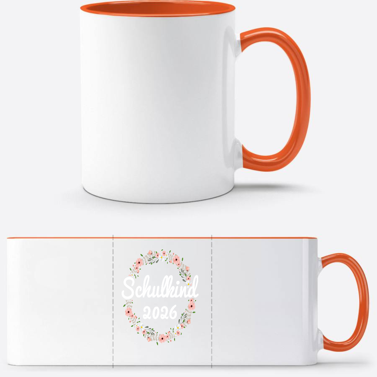 Tasse Schulkind 2026 mit Name – Geschenk zur Einschulung - Weiß/Orange
