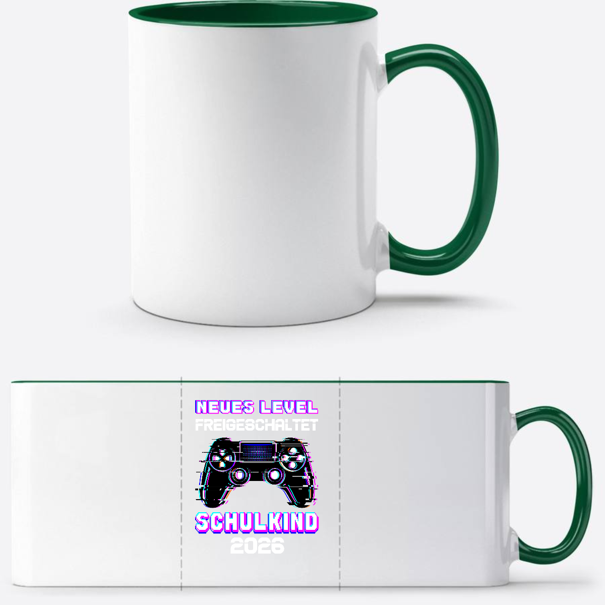 Tasse Schulkind 2026 – Neues Level freigeschaltet Gamer - Weiß/Dunkelgrün