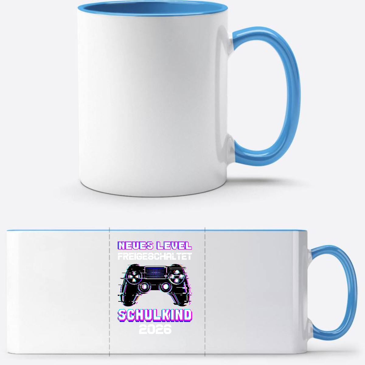 Tasse Schulkind 2026 – Neues Level freigeschaltet Gamer - Weiß/Hellblau