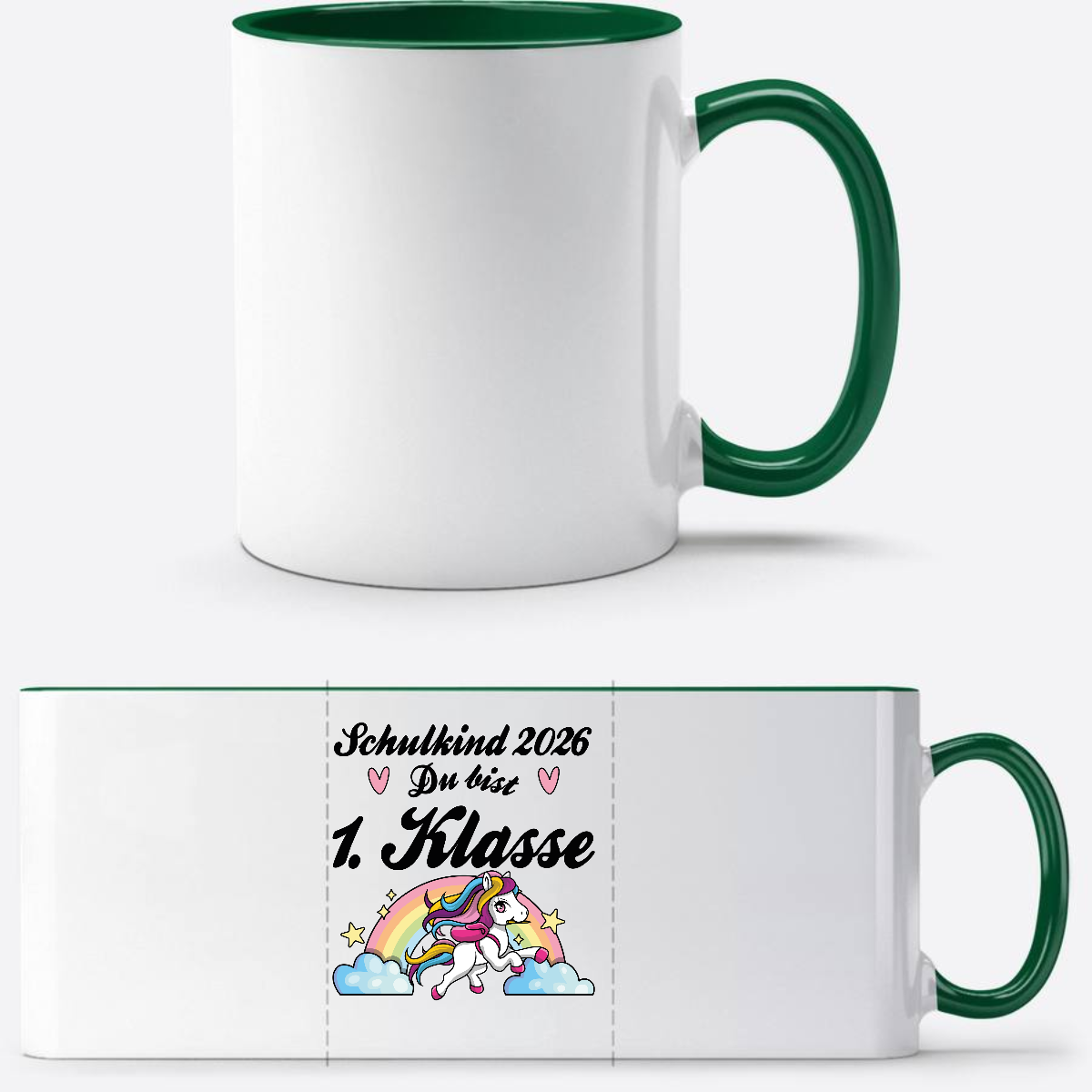 Tasse Schulkind 2026 Pferd – Du bist erstklassig mit Name - Weiß/Dunkelgrün