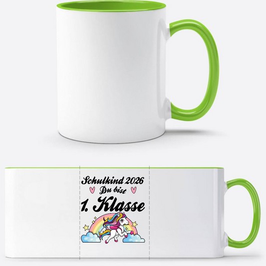 Tasse Schulkind 2026 Pferd – Du bist erstklassig mit Name - Weiß/Grün